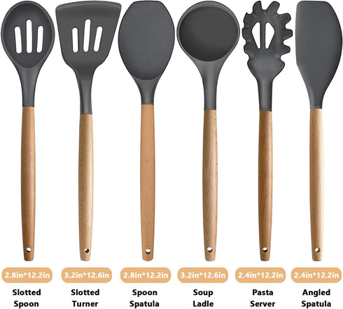 Kitchen Cooking Utensils Set, 6Pcs Silicone Gadgets with Wooden Handle, Heat Resistant Spatula, Ladle, Turner Set