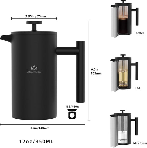 French Press Coffee Maker, 12OZ Double Wall Vacuum Insulated 304 Stainless Steel for Home & Office