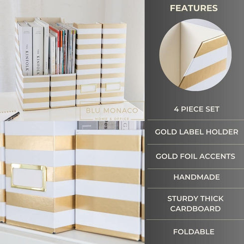BLU MONACO Set of 4 Gold and White Striped Magazine File Boxes - Ideal Organizer for Desk Accessories and Office