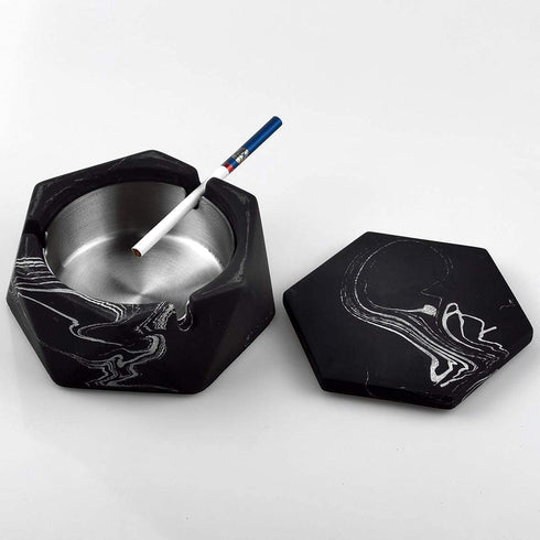FREELOVE Concrete Ashtray with Lid, Stainless Steel Ashtrays for Cigarettes, Indoor Outdoor Windproof Patio Decor