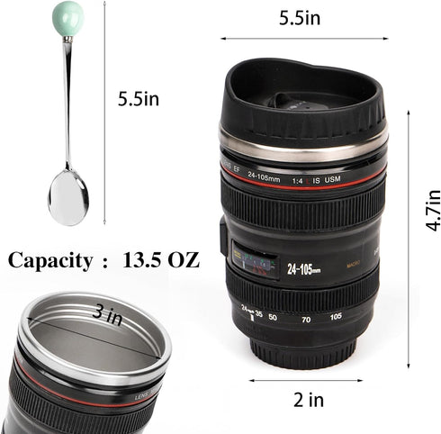 Camera Lens Coffee Mug, Stainless Steel Travel Cup with Lid and Spoon, Cool Gift for Photographers
