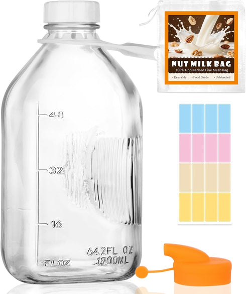 LOSANJI 64 Oz Glass Milk Bottles with Nut Milk Bag & Pour Spout