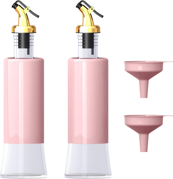 Miao’er Olive Oil Dispenser Bottle Set of 2 - Golden Non-Drip Spout with Pink Funnel for Easy Filling, 10OZ/300ML