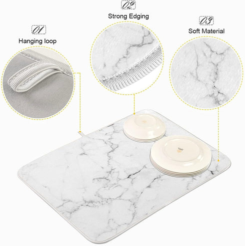 Marble Print Absorbent Dish Drying Mat for Kitchen Counter, Reversible Microfiber Drainer Mats, Large 18 x 24 inch