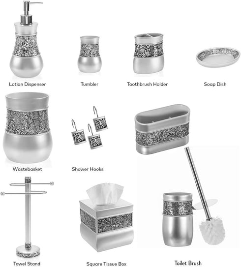 Creative Scents Crackled Glass Toilet Brush with Holder - Silver Toilet Bowl Cleaner Brush and Holder - Good Grip, Deep