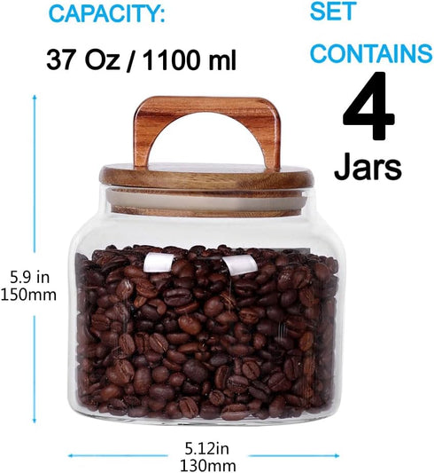 SAIOOL Set of 4 Glass Jars with Airtight Lid, Borosilicate Kitchen Canisters for Candy, Cookie, Rice, Sugar