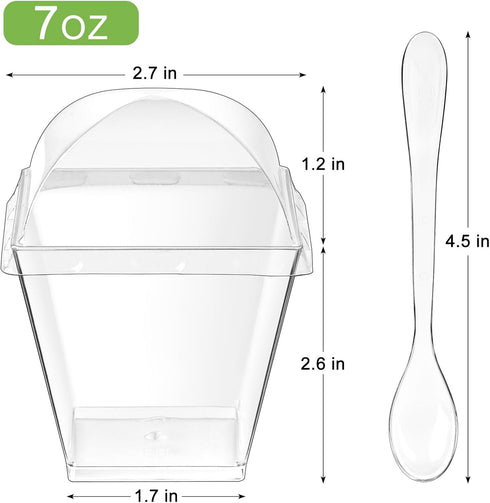 50 Pack 7 oz Zezzxu Square Dessert Cups with Dome Lids and Spoons, Plastic Pudding Cups with Lids Mini Parfait Shooter