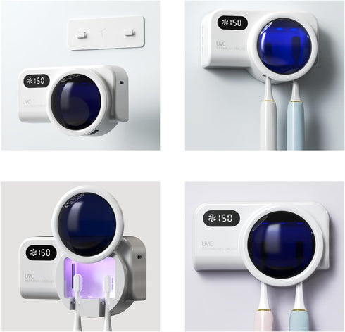 Toothbrush Holder & UV Sanitizer, FullHouse Toothbrush Cleaner with Air Drying and Rechargeable, Bathroom Wall Mounted