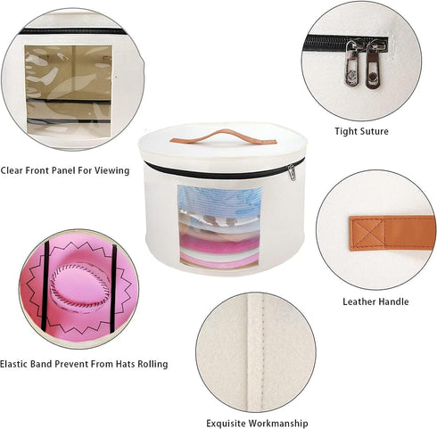 Hat Box for Women, Large Round Felt Hat Carrier Case Organizer for Wide-Brim Cowboy Hats, Foldable with Lids - White