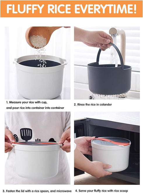 Microwave Rice Cooker Steamer, 2 L Microwave Pasta Cooker with Strainer, Non Stick Cookware Set for Rice, Pasta,