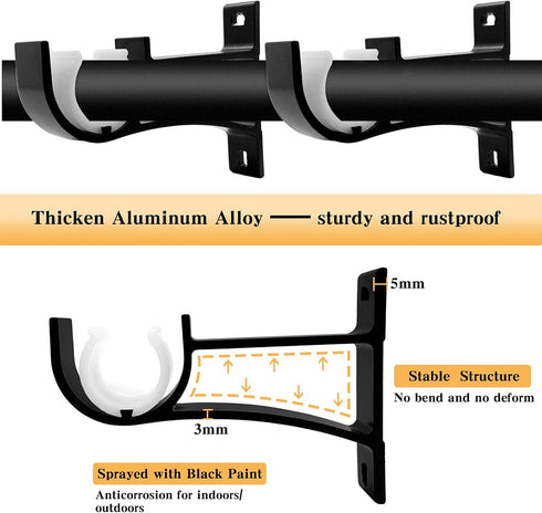 KOLAKO Curtain Rod Brackets, Heavy Duty Black Holders Hook Hangers for Wall Drapery Rod Bracket Support 1 Inch Rods