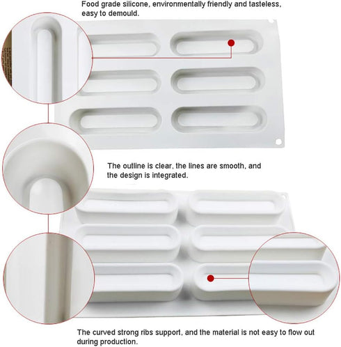 OCPO KITCHEN 6-Cavity Eclair Silicone Mold for Baking Mousse Cake, French Dessert, Pastry, Chocolate, Ice Cream