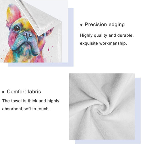 Set 3 Sets Pfrewn French Bulldog Puppy Towels of Watercolor Dog Colorful Art Bathroom Towel Soft Absorbent Bath Hand