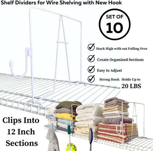 Evelots Wire Shelf Dividers, Extra Closet Organization and Storage, 10 Pack, Tall Shelf Separators, Easy to Clip