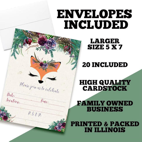 Woodland Forest Fox Face Floral Birthday Party Invitations - 20 Fill In Cards with White Envelopes by AmandaCreation