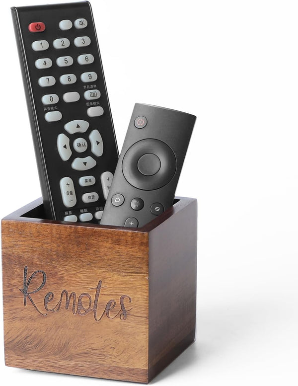 Remote Control Holder Caddy, Acacia Wood Organizer for Table, Vintage Farmhouse Desk Caddy (Brown)