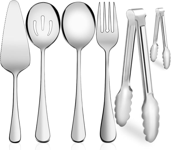 XEVOM 6-Piece Stainless Steel Serving Utensil Set, Includes Serving Spoon, Fork, Slotted Spoon, and Tongs