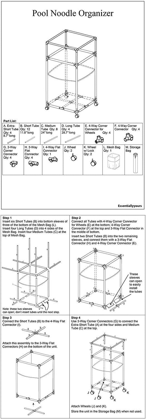 Essentially Yours Rolling Pool Noodle Storage Organizer Bin, Standard Noodle Holder (25.4" W x 26" L x 40.5" H),
