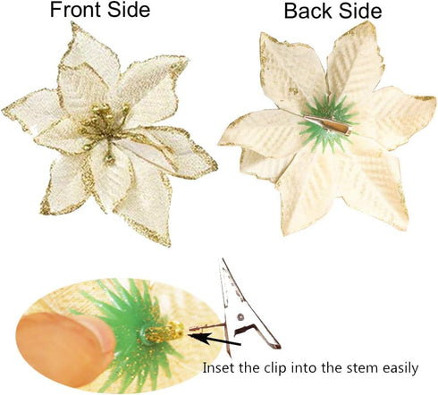 12pcs Glitter Poinsettia Christmas Tree Ornament - Artificial Wedding Flowers for Xmas Tree Wreaths Decor (Red and Gold)
