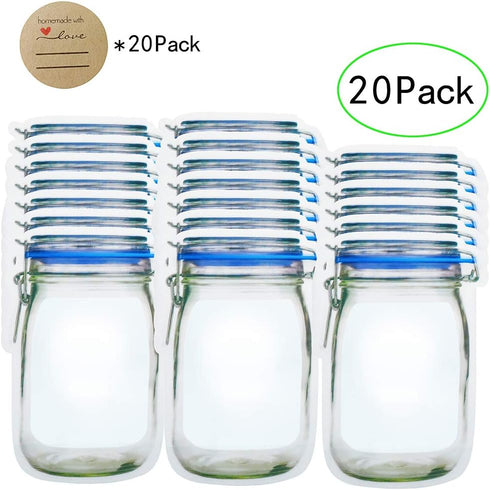 20 Pack 1000ml (9.6x6.6inch) Reusable Mason Jar Bags for Candy & Snacks - Leakproof Storage & Display