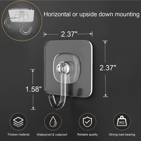 TocTen 24 Pack Heavy Duty Adhesive Hooks, 30lb Max, Damage Free Self-Adhesive Clear Wall Hooks for Bathroom Kitchen