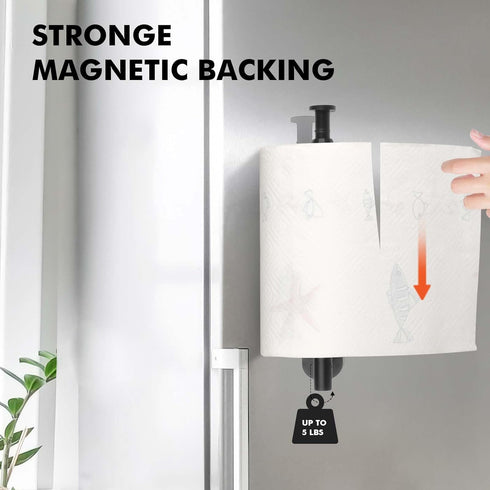 Magnetic Paper Towel Holder,One Hand Operable Paper Towel Holder Wall Mount Self Adhesive and Strong Magnetic Backing for Kitchen Refrigerator Grill RV(Black)