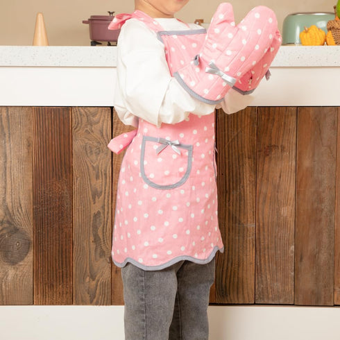 NEOVIVA Kids Apron and Oven Mitts Set - Cute Polka Dots Toddler Kitchen Linen Set for Play Kitchen Gift