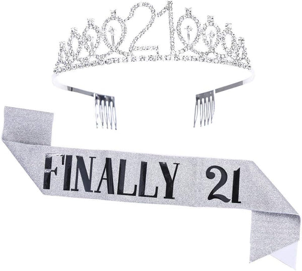 21st Birthday Tiara and Sash Set for Girls, Crystal Crown Birthday Gift, Silver Sash for Party Supplies