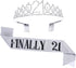 21st Birthday Tiara and Sash Set for Girls, Crystal Crown Birthday Gift, Silver Sash for Party Supplies