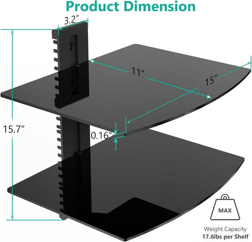 2 17.6lbs (CS202B), 2-Shelf, WALI Floating TV Shelf, Tier Glass Projector Shelf for DVD Players, Routers, Game