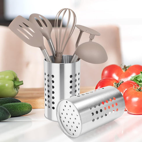EORTA Stainless Steel Kitchen Utensil Holder, Flatware Cylinder Draining Organizer with Round Drain Holes
