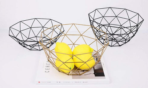 Geometric Metal Wire Fruit Bowl, Iron Arts Storage Basket for Kitchen Counter, Black