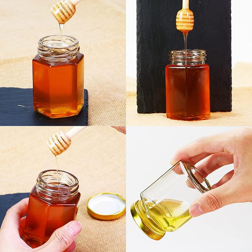 Rormket 12 Pack 4oz 12 Glass Hexagon Honey Jars Golden Lids - Extra Wooden Honey Dipper Sticks, Bee Charms, Tag String
