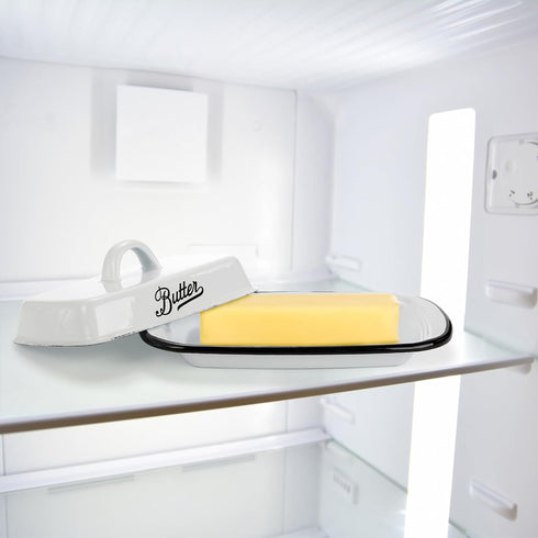 Suwimut Enamelware Butter Dish with Lid, Vintage Style White Butter Container with Black Rim for Countertop