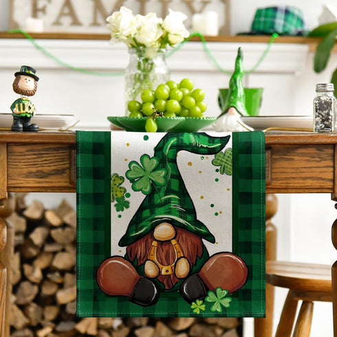 Artoid Mode Shamrock Buffalo Plaid Gnomes Table Runner, St. Patrick's Day Kitchen Decor, 13 x 72 Inch