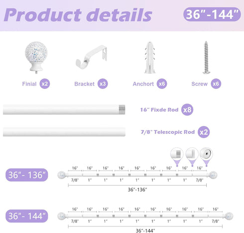 White Curtain Rods for Windows 72 to 144 Inch, 1 Inch Adjustable Heavy Duty Long Curtain Rod