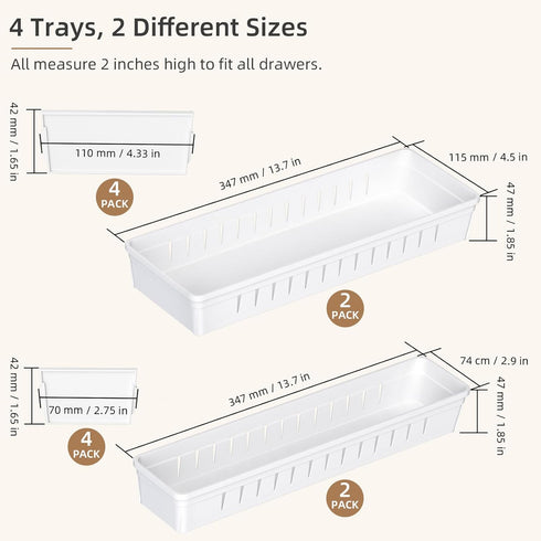Desk Drawer Organizer Tray, 4 PCS Plastic Office Organizer Set with Non-Slip Silicone Pads, White