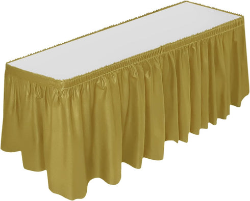 DecorRack Table Skirt, 29 in x 14 ft - BPA Free Plastic Disposable Rectangular Tablecloth Skirt, Gold