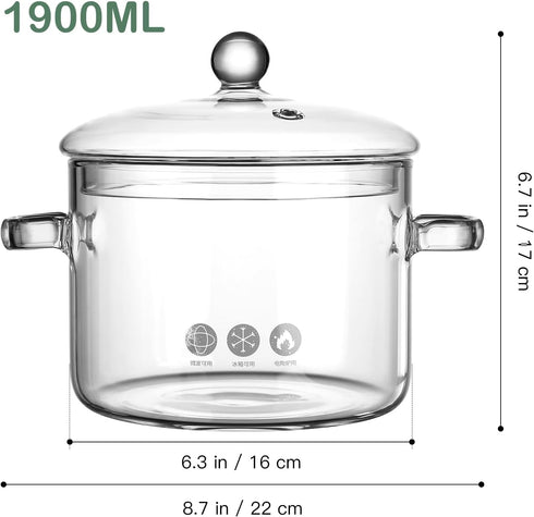 GANAZONO Clear Borosilicate Cooking Pot with Lid, Handle, Stovetop Simmer Pot, 1900ML