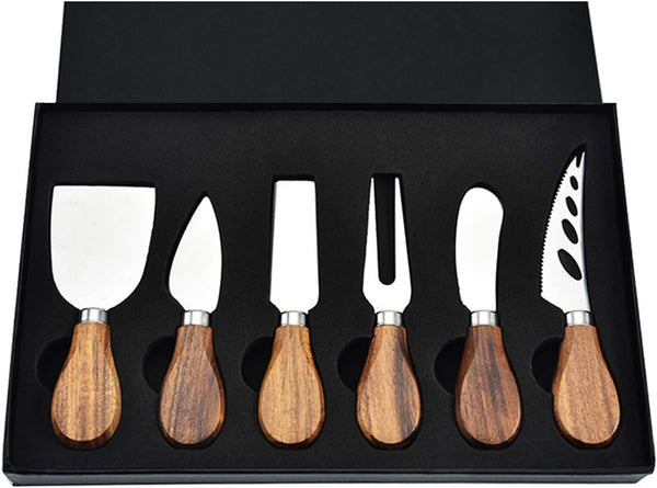 6-Piece Cheese Knife Set, Wooden Handle Stainless Steel Cheese Slicer, Fork Spreader for Cheese Gift Set