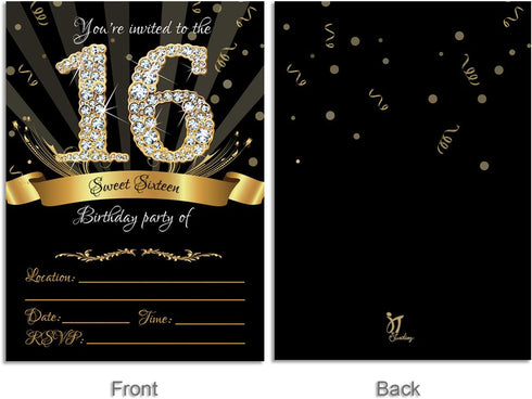 25 Sweet Sixteen Black Double-Sided Party Invitations Kit, 5x7, with Gold Metallic Pen and Envelopes