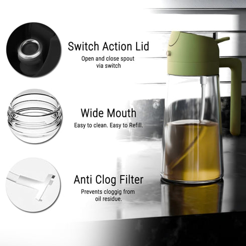 2-in-1 16oz/470ml Oil Dispenser and Sprayer, Glass Olive Oil Spray Bottle for Cooking, Leakproof and Refillable Oil