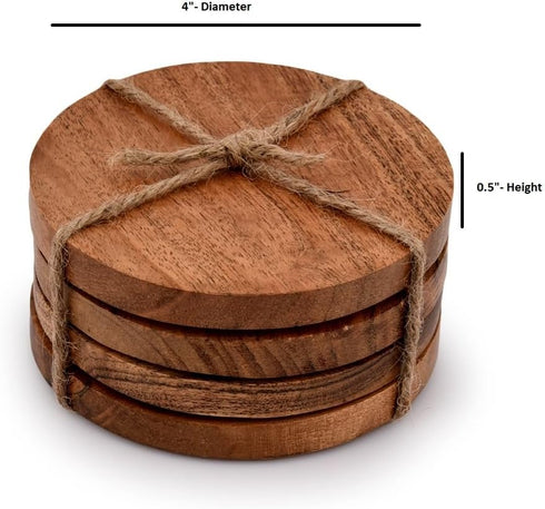 Samhita Acacia Wood Round Coasters, Set of 4 for Protection of Tabletop, Countertop from Water Marks or Damage
