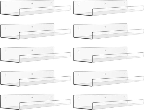 Upsimples 10 Pack Acrylic Shelves, 15" Floating Bookshelves for Wall Storage, Clear Display Shelf Organizer