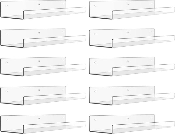 Upsimples 10 Pack Acrylic Shelves, 15" Floating Bookshelves for Wall Storage, Clear Display Shelf Organizer