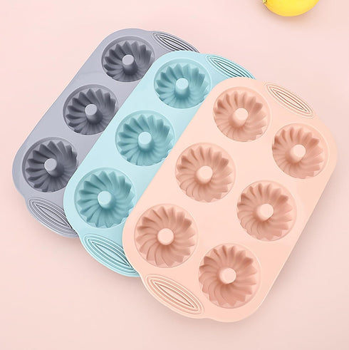 Mini Bundt Cake Pan 3pcs, Silicone Fluted Tube Cake Pans, 6-Cavity Heritage Bundtlette Molds (Pink+Blue+Gray)