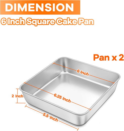 TeamFar Set of 2, 6 Inch Square Cake Pan, Stainless Steel Baking Pan for Lasagna Cake Brownie, Heavy Duty & Dishwasher