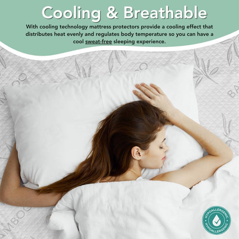 Mattress Protector Bamboo Rayon with Zipper - 100% Waterproof Cooling Cover - Ultra Soft Breathable Noiseless Encasement