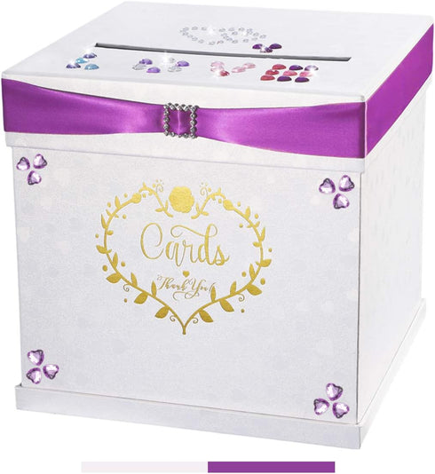 Wedding Card Box with 2 Color Ribbons, 10"x10" Textured White Box with Golden Embossed Hearts Design