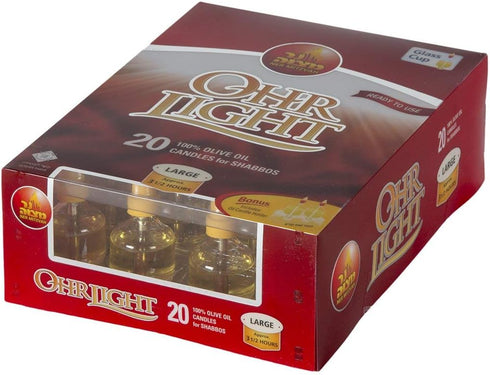 Shabbat Oil Candles - Large Ohr Lights Pre-Filled Oil Shabbos Candles, 20 Pack